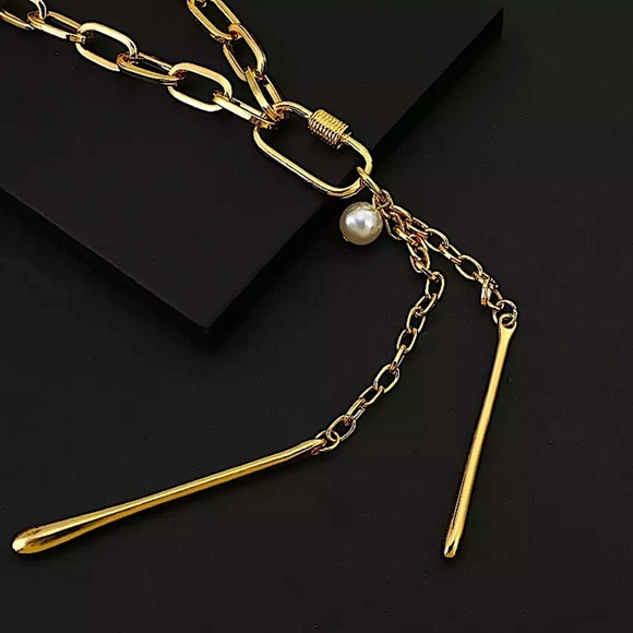 Gold Chunky Chain Link Pearl Pendant Statement Necklace - Picture 7 of 7